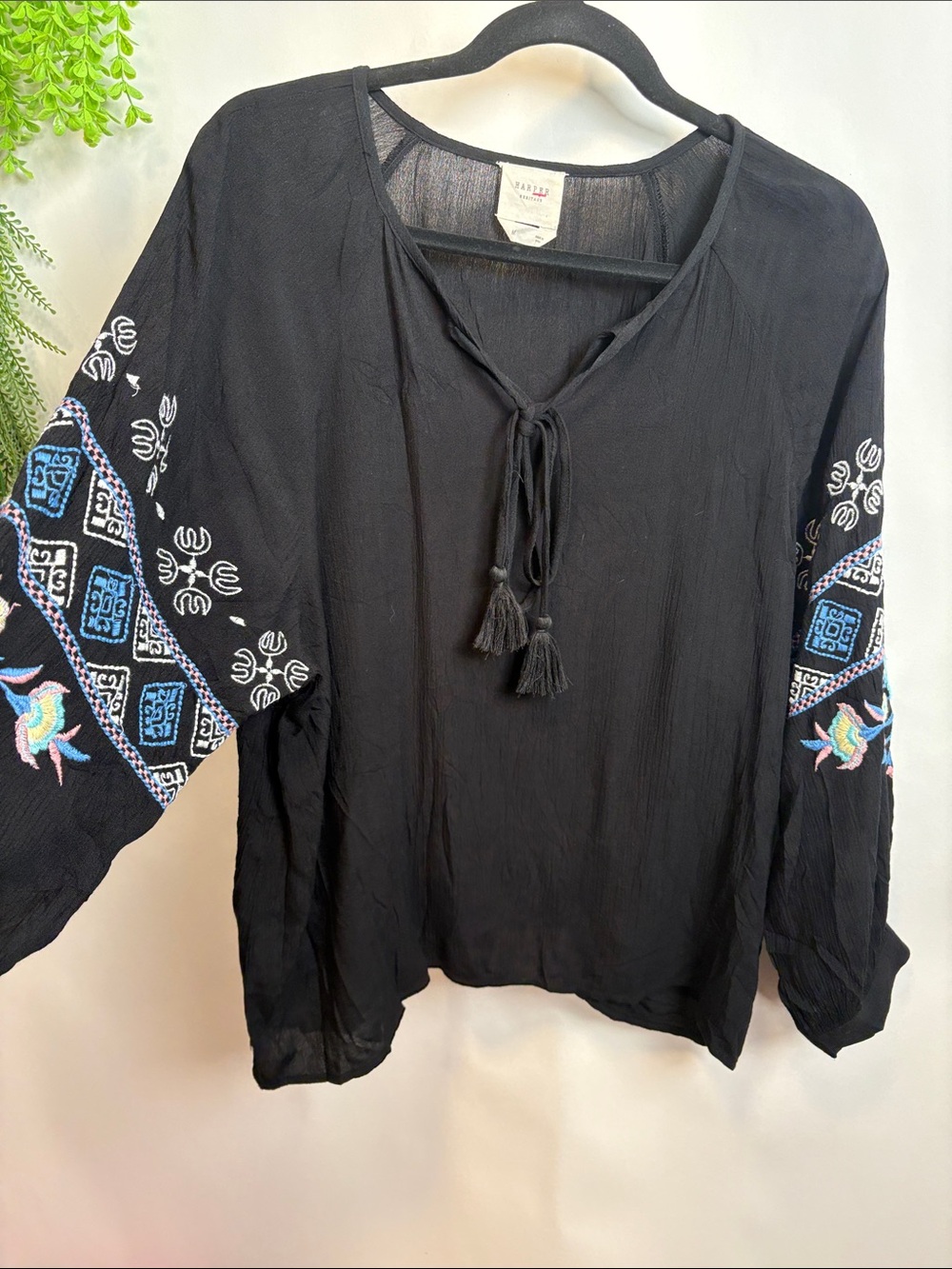 Harper Black Embroidered Peasant Tunic with Blue & White Accents